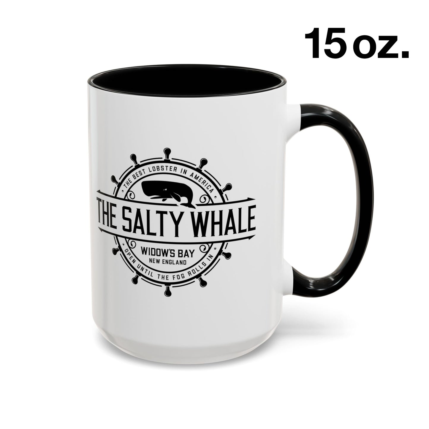 Side view of 15 oz White ceramic mug with black handle and the vintage Salty Whale maritime crest logo from Widow's Bay TV show, New England