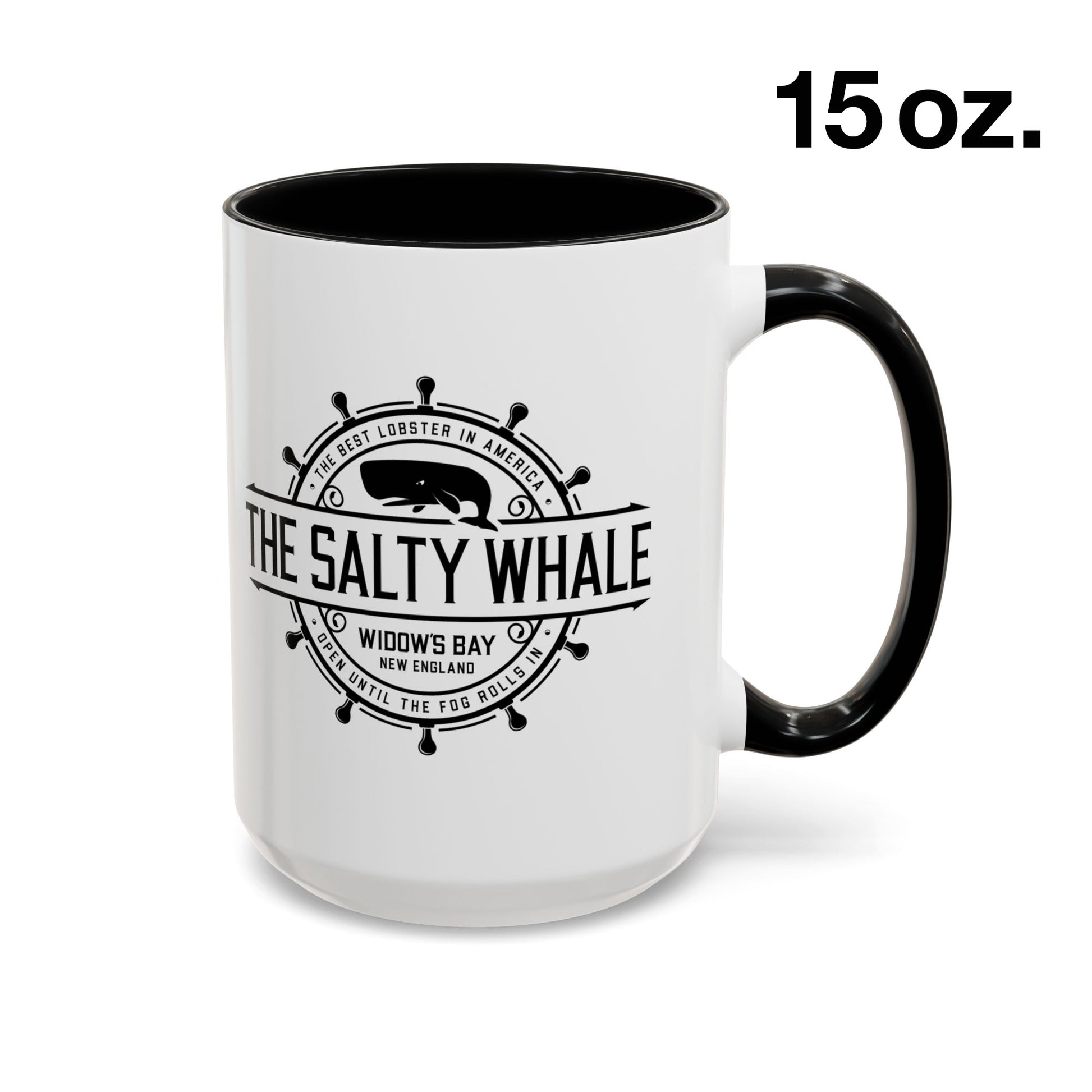 Side view of 15 oz White ceramic mug with black handle and the vintage Salty Whale maritime crest logo from Widow's Bay TV show, New England