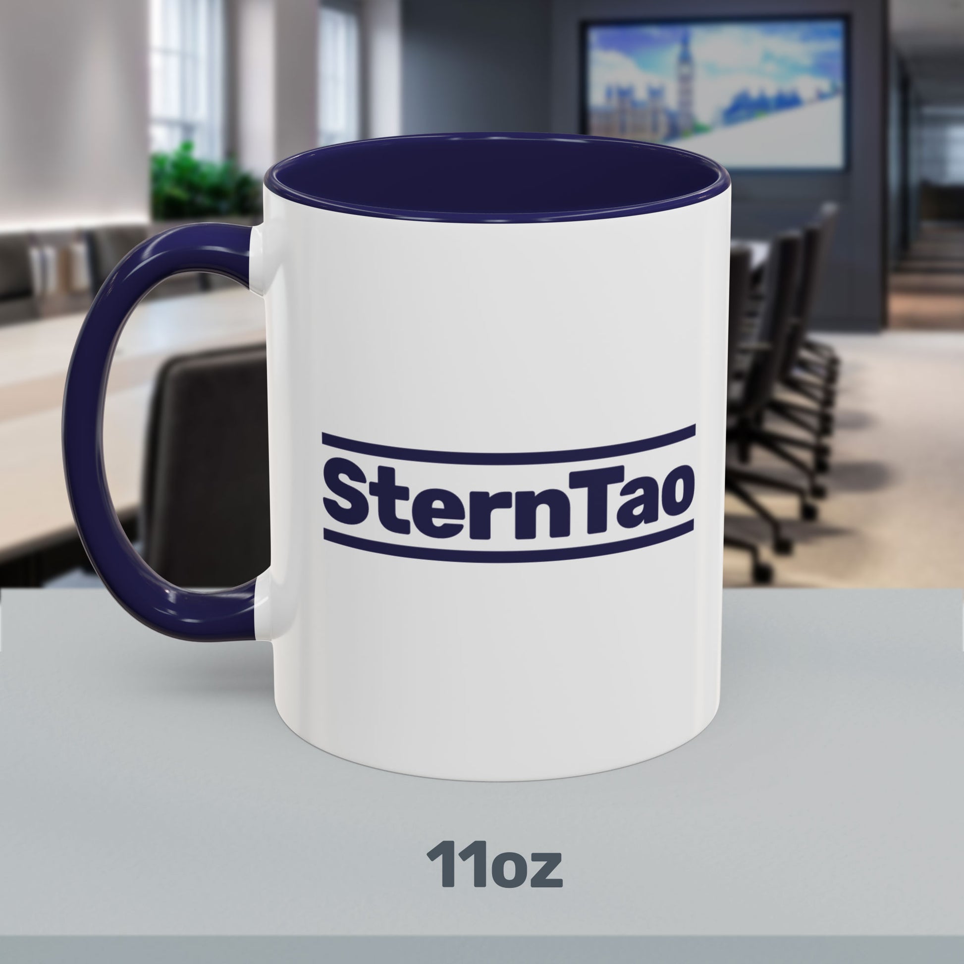 11oz SternTao logo navy accent mug inspired by Industry, white ceramic coffee mug with navy handle, two sided print