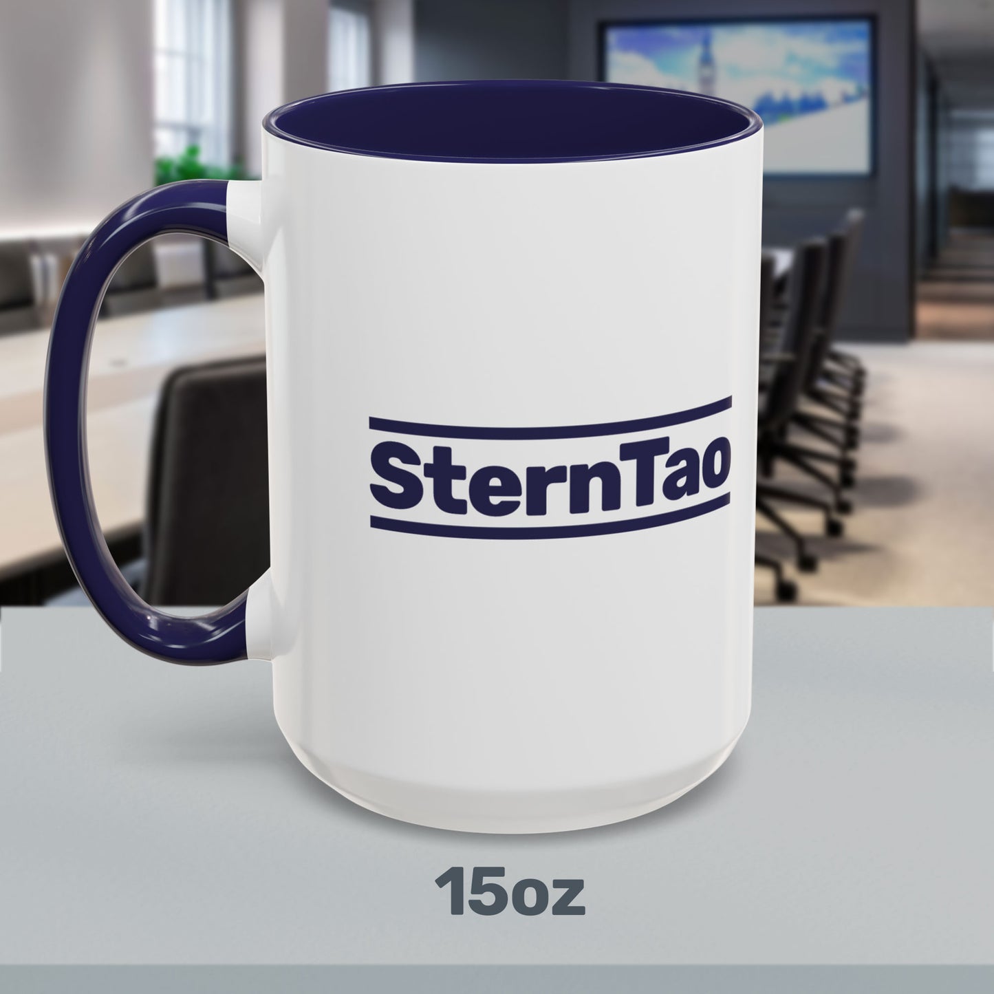 15oz SternTao logo navy accent mug inspired by Industry, white ceramic coffee mug with navy handle, two sided print