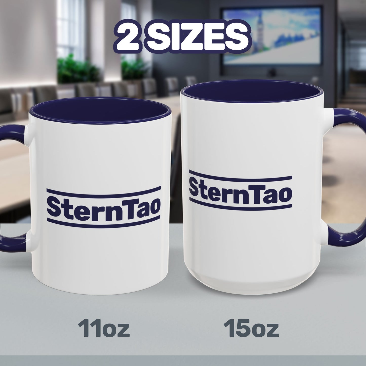 15oz and 11oz SternTao logo navy accent mug inspired by Industry, white ceramic coffee mug with navy handle, two sided print