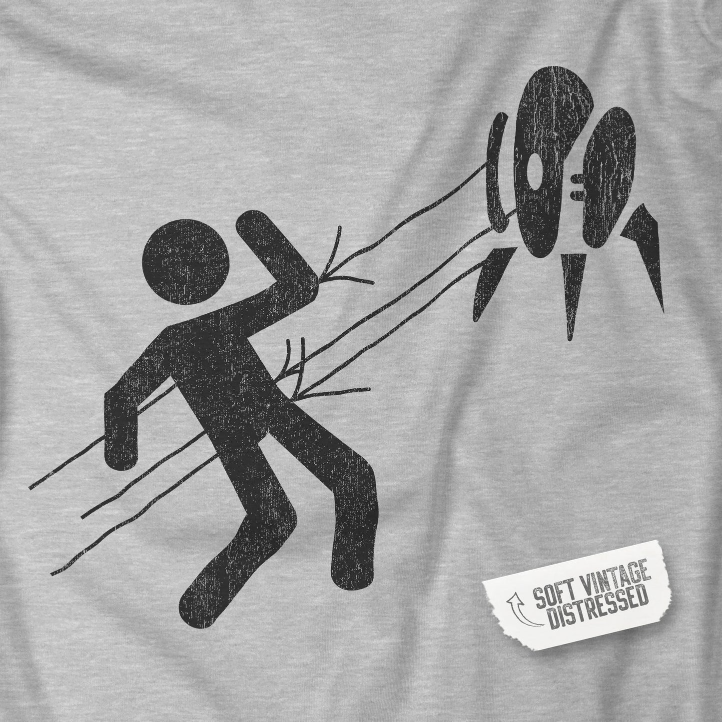 Closeup view of Heather Gray Aperture Science Turret warning icon t-shirt on Bella+Canvas 3001, vintage distressed print, Portal and Portal 2 fan tee.
