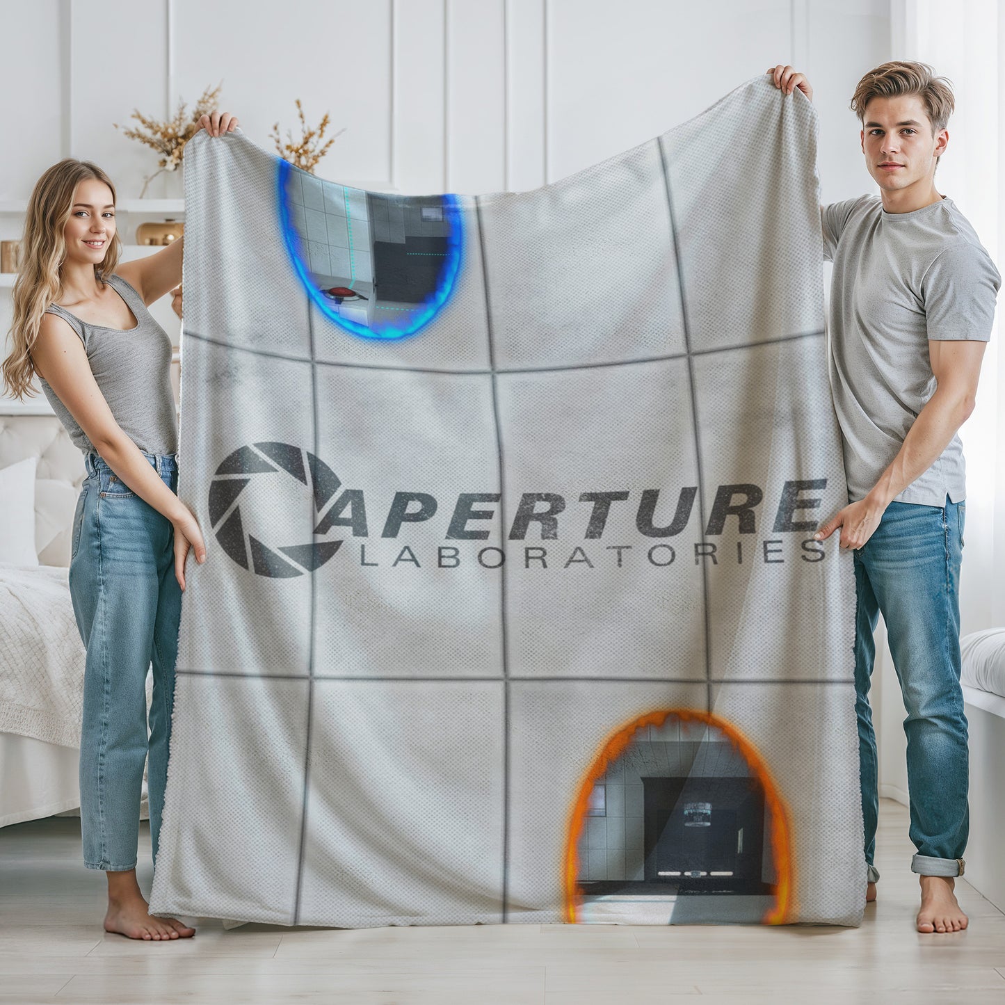 Couple holding up a Velveteen plush blanket with Portal 2 panel wall, Aperture Laboratories logo, and blue and orange portals.