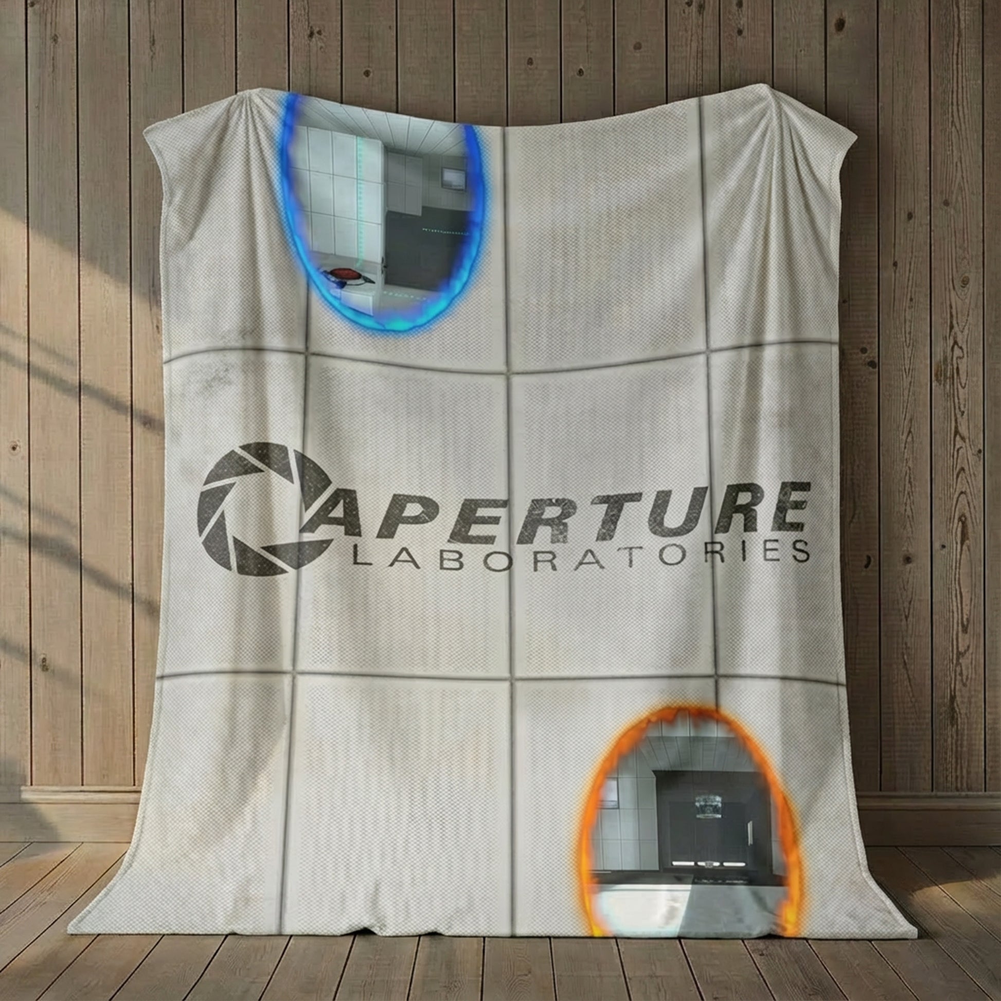60x80 Velveteen plush blanket with Portal 2 panel wall, Aperture Laboratories logo, and blue and orange portals, shown hanging on a wall.