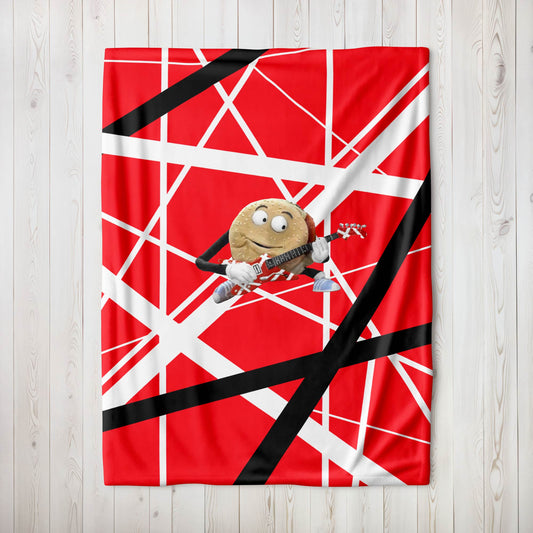 Top view of red, white, black Frankenstrat stripes plush blanket with singing hamburger guitar graphic, inspired by Better Off Dead and Van Halen.