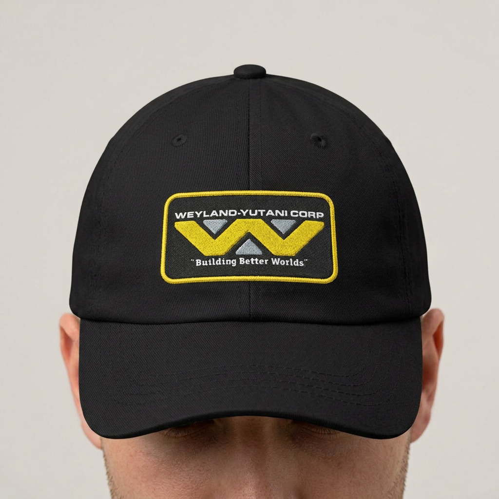Person wearing black Yupoong dad cap with embroidered Weyland-Yutani Corp patch logo from the Alien franchise in yellow and silver