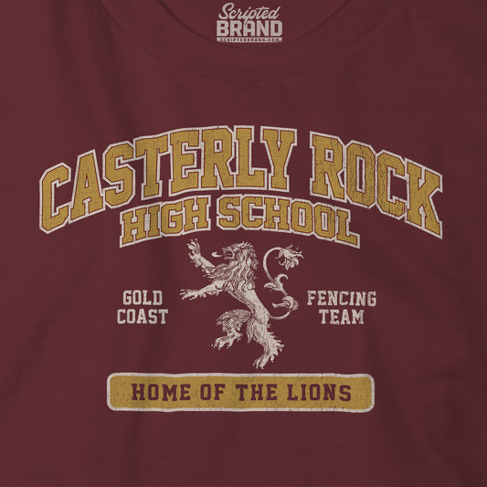 Closeup view of Maroon Gold Casterly Rock High School t-shirt with vintage lion graphic inspired by Game of Thrones.
