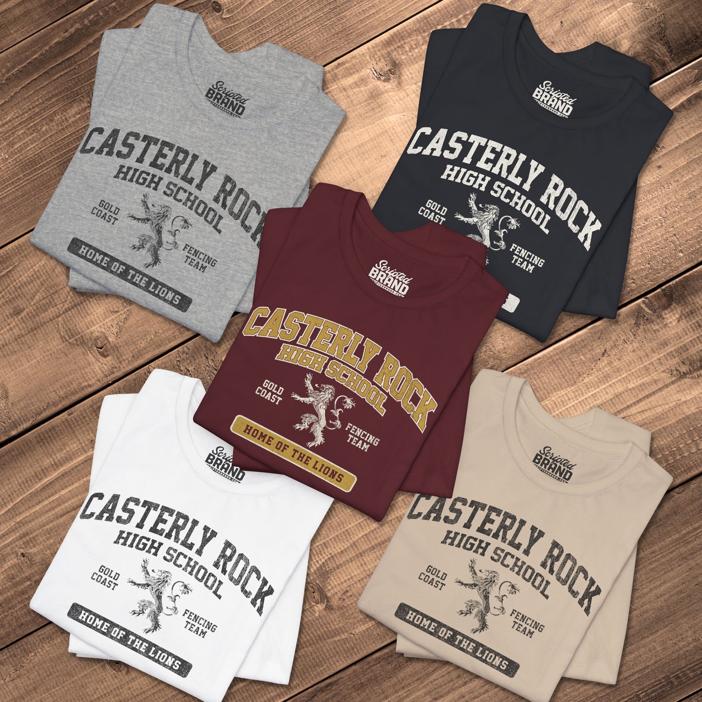 Five folded Casterly Rock High School t-shirts with vintage lion graphic inspired by Game of Thrones.