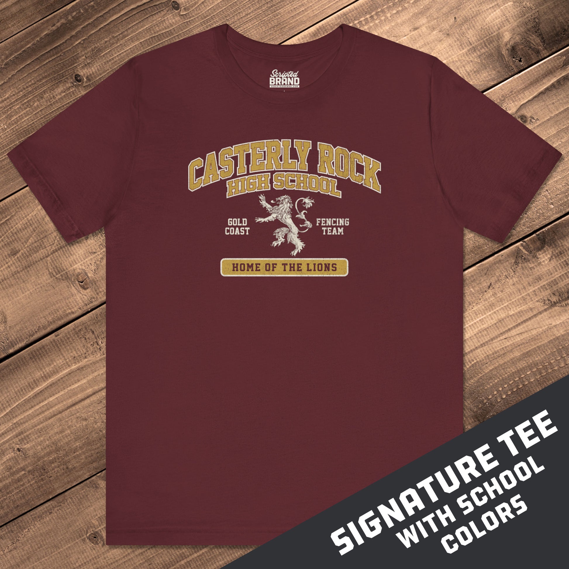 Front view of Maroon Gold Casterly Rock High School t-shirt with vintage lion graphic inspired by Game of Thrones.