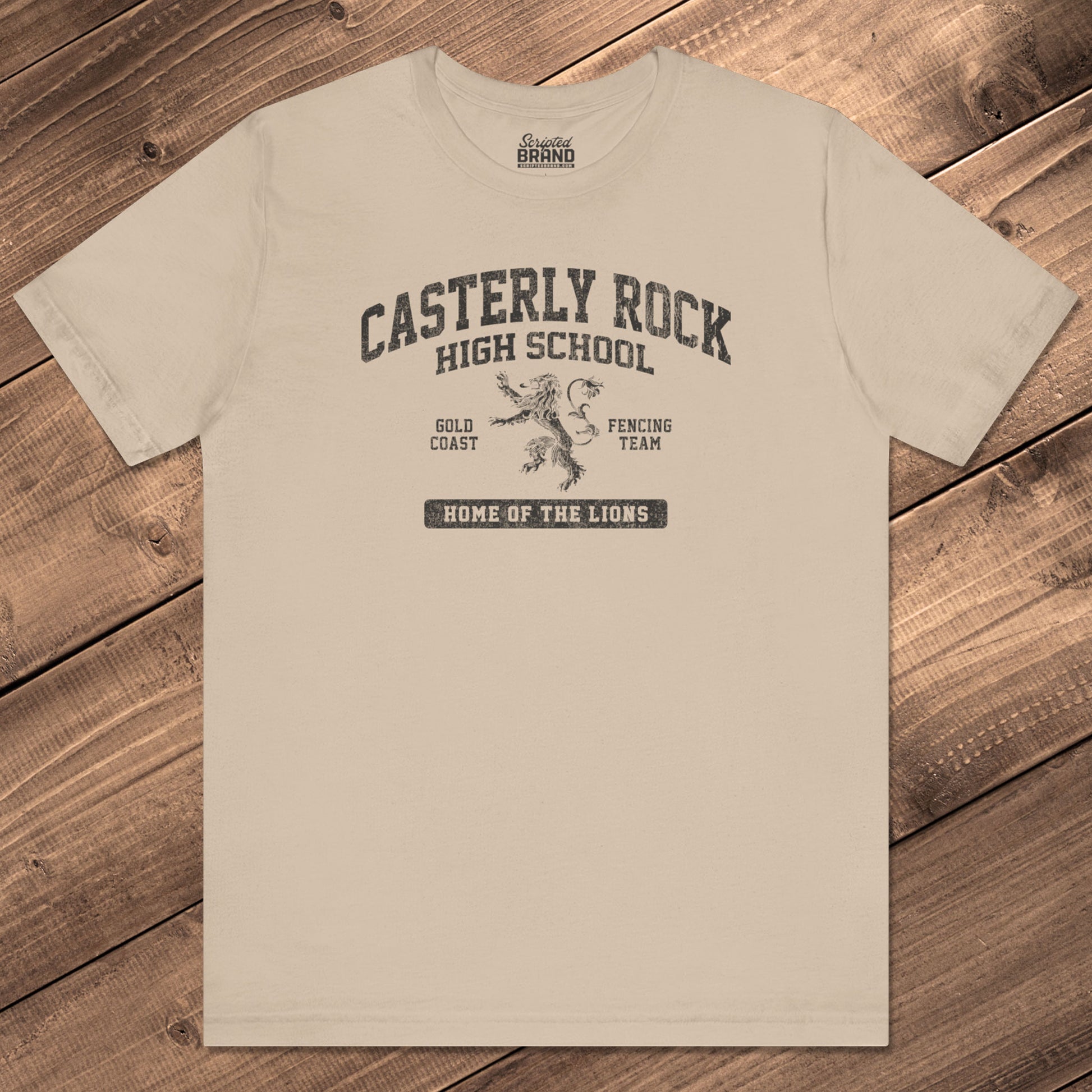 Front view of Tan beige Casterly Rock High School t-shirt with vintage lion graphic inspired by Game of Thrones.