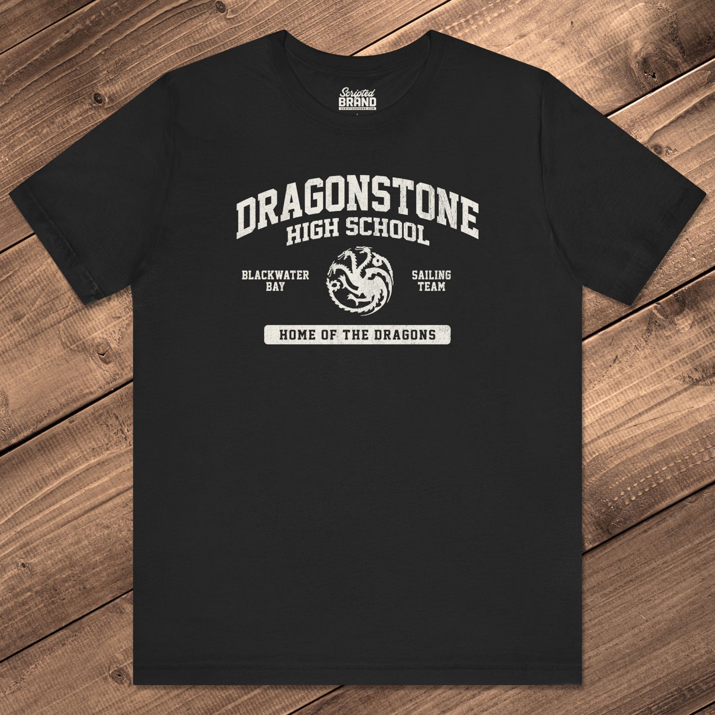Front view of black Dragonstone High School t-shirt with distressed three-headed dragon graphic inspired by Game of Thrones and the Targaryens.