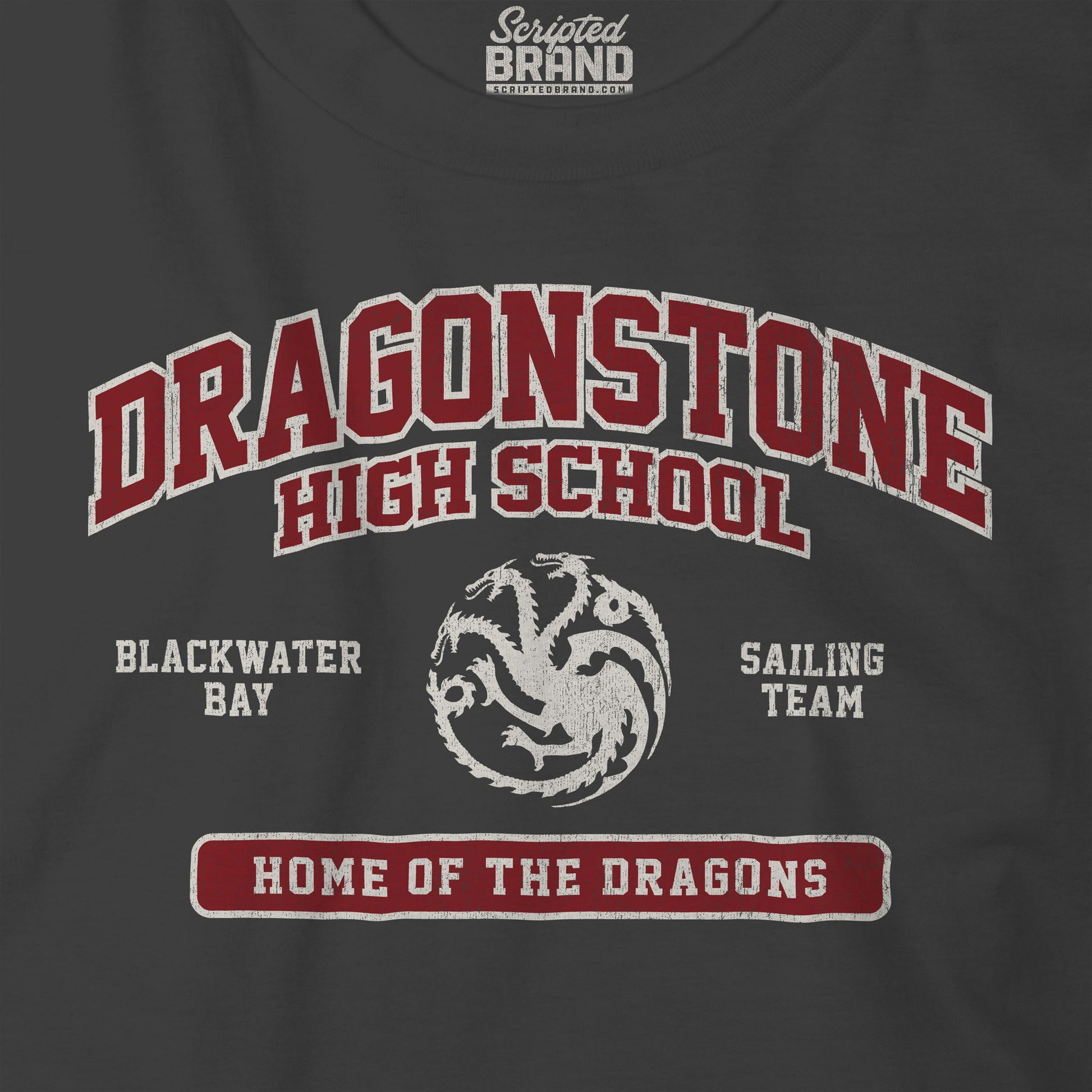 Closeup view of vintage black Dragonstone High School t-shirt with distressed three-headed dragon graphic inspired by Game of Thrones and the Targaryens.