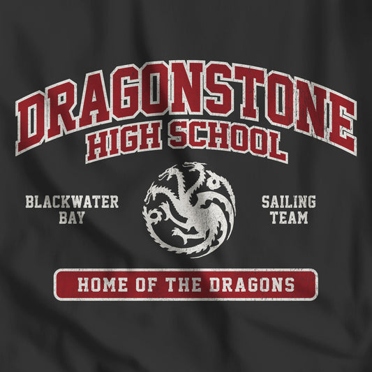 Closeup of vintage black Dragonstone High School t-shirt with distressed three-headed dragon graphic inspired by Game of Thrones and the Targaryens