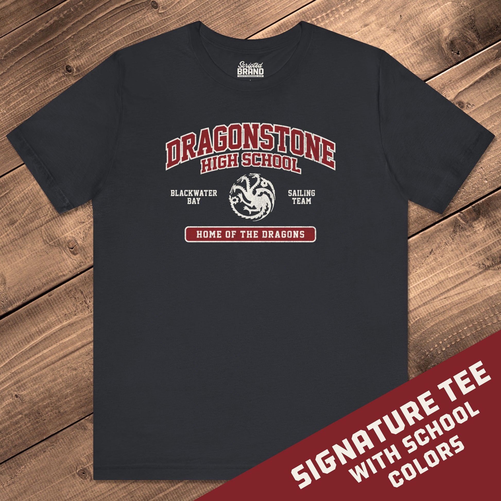 Front view of vintage black Dragonstone High School t-shirt with distressed three-headed dragon graphic inspired by Game of Thrones and the Targaryens.