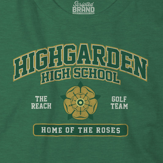 Closeup view of heather green grass Highgarden High School t-shirt with vintage golden rose graphic inspired by Game of Thrones.