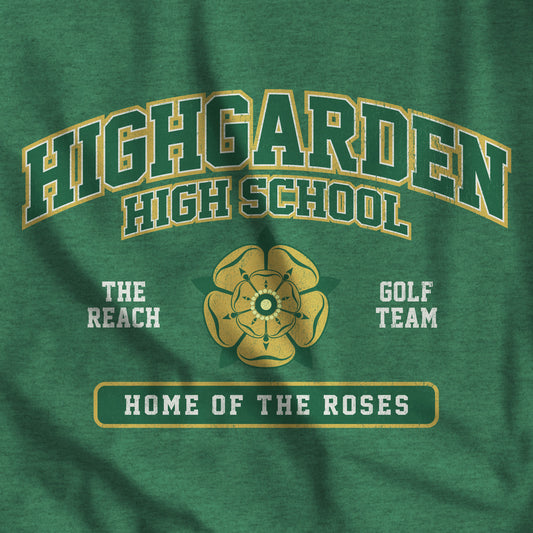 Closeup of heather green grass 'Highgarden High School' t-shirt with vintage golden rose graphic inspired by Game of Thrones