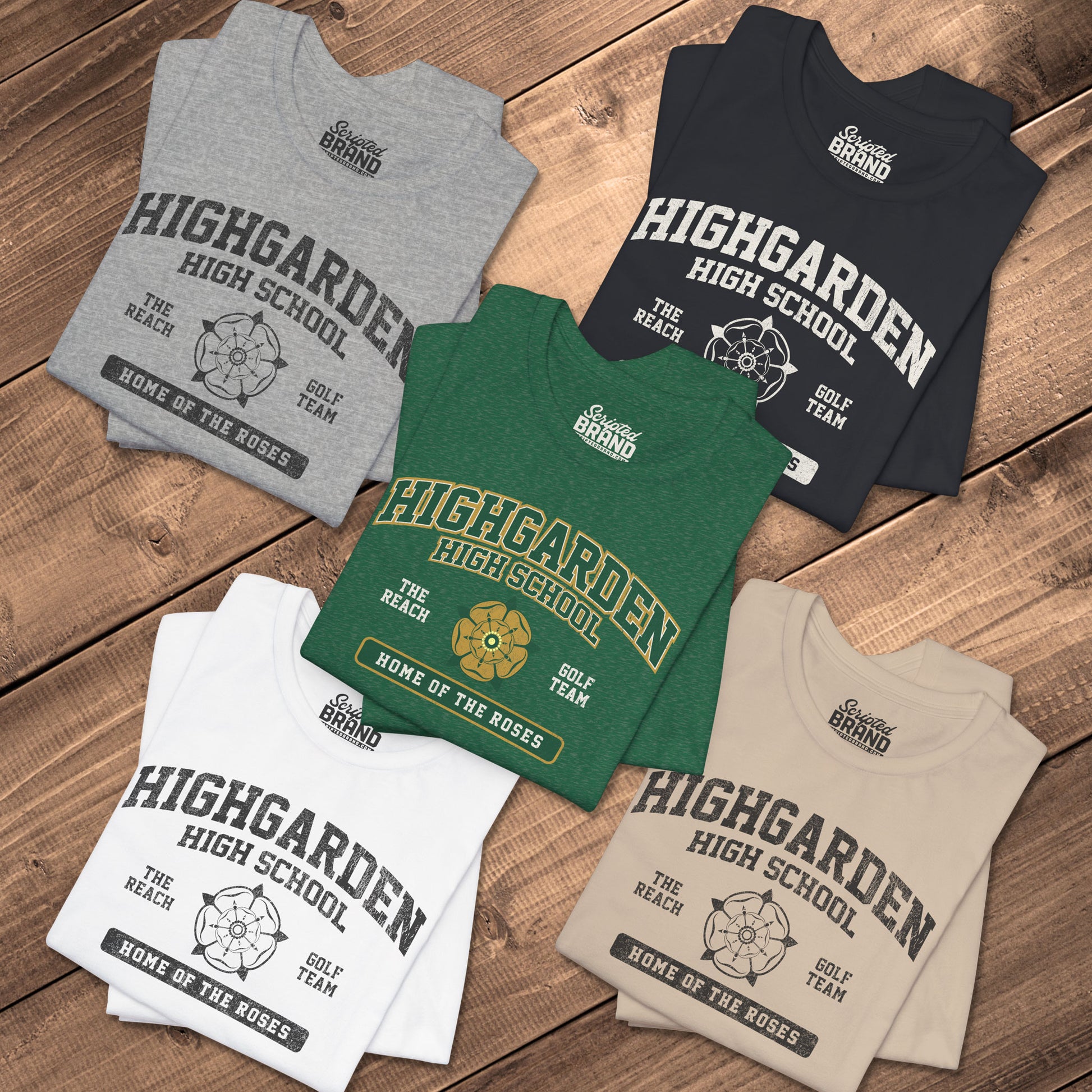 Five folded Highgarden High School t-shirts with vintage golden rose graphic inspired by Game of Thrones.