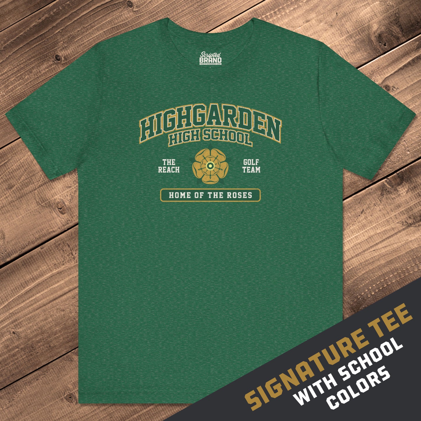 Front view of heather green grass Highgarden High School t-shirt with vintage golden rose graphic inspired by Game of Thrones.