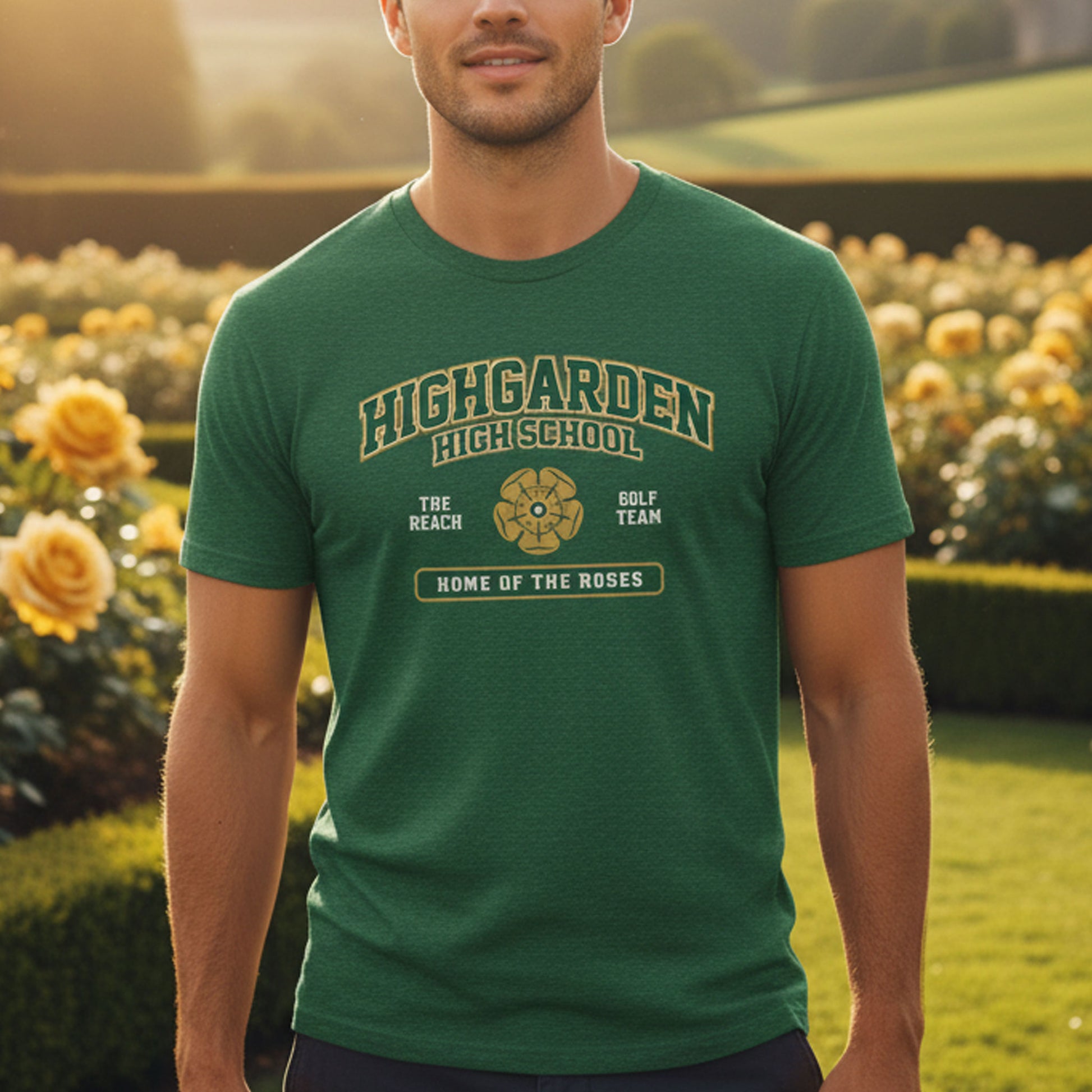 Man wearing a green t-shirt with 'Highgarden High School' text and graphics, standing outdoors.
