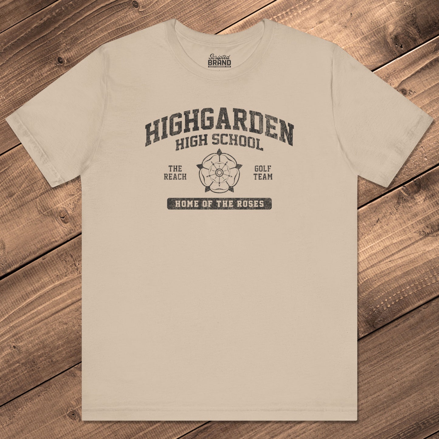 Front view of tan beige Highgarden High School t-shirt with vintage golden rose graphic inspired by Game of Thrones.