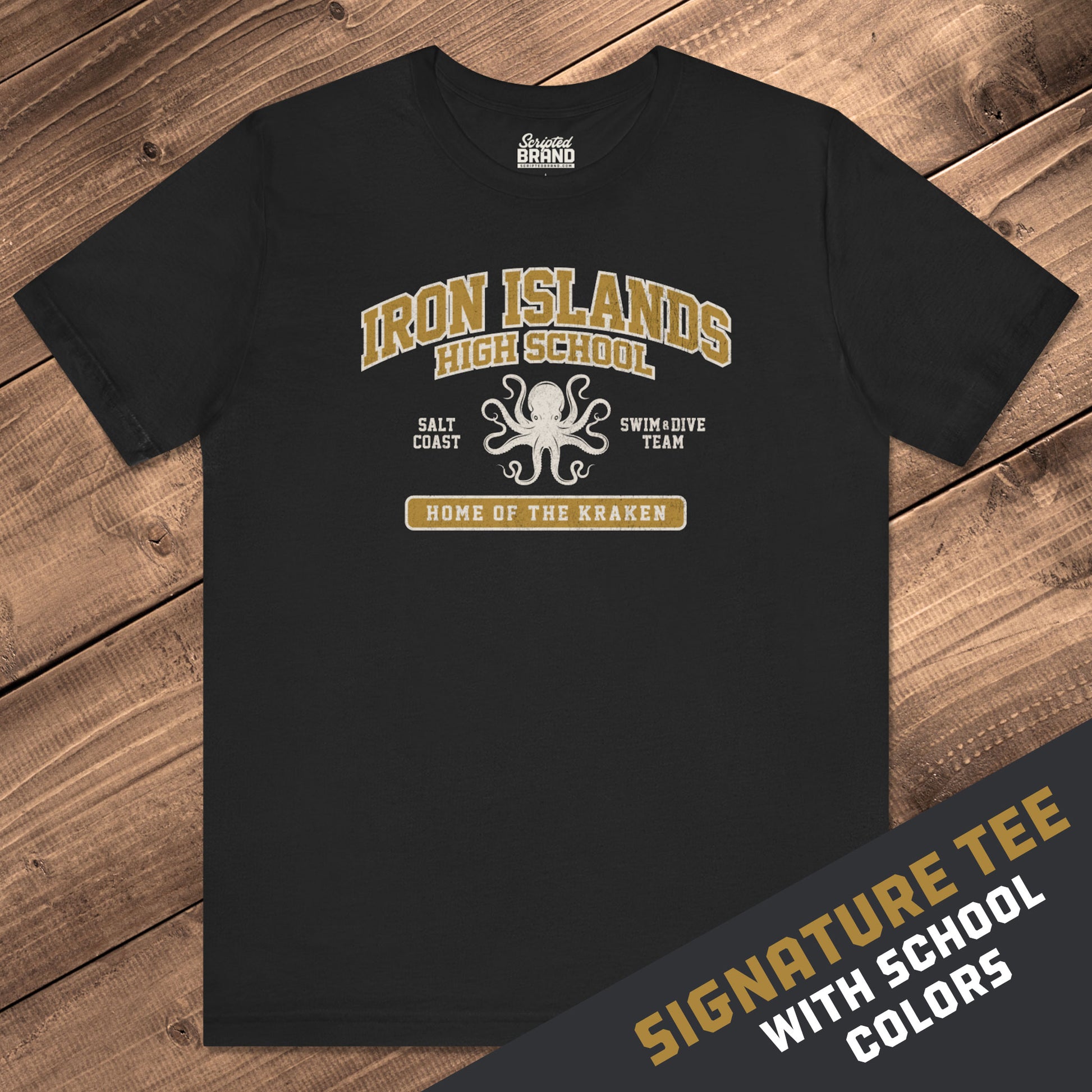 Front view of Black and Gold Iron Islands High School t-shirt with vintage lion graphic inspired by Game of Thrones.