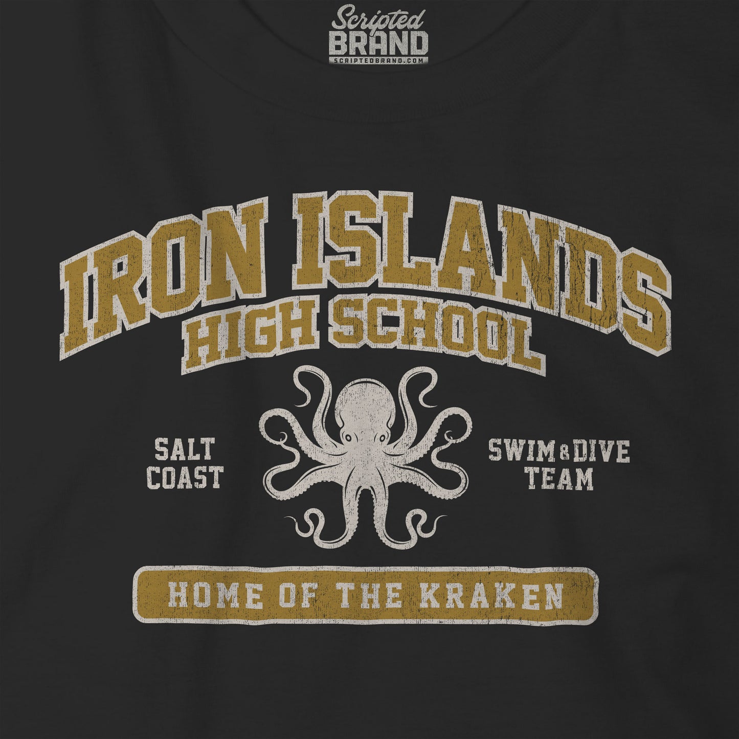 Closeup view of Black and Gold Iron Islands High School t-shirt with vintage lion graphic inspired by Game of Thrones.