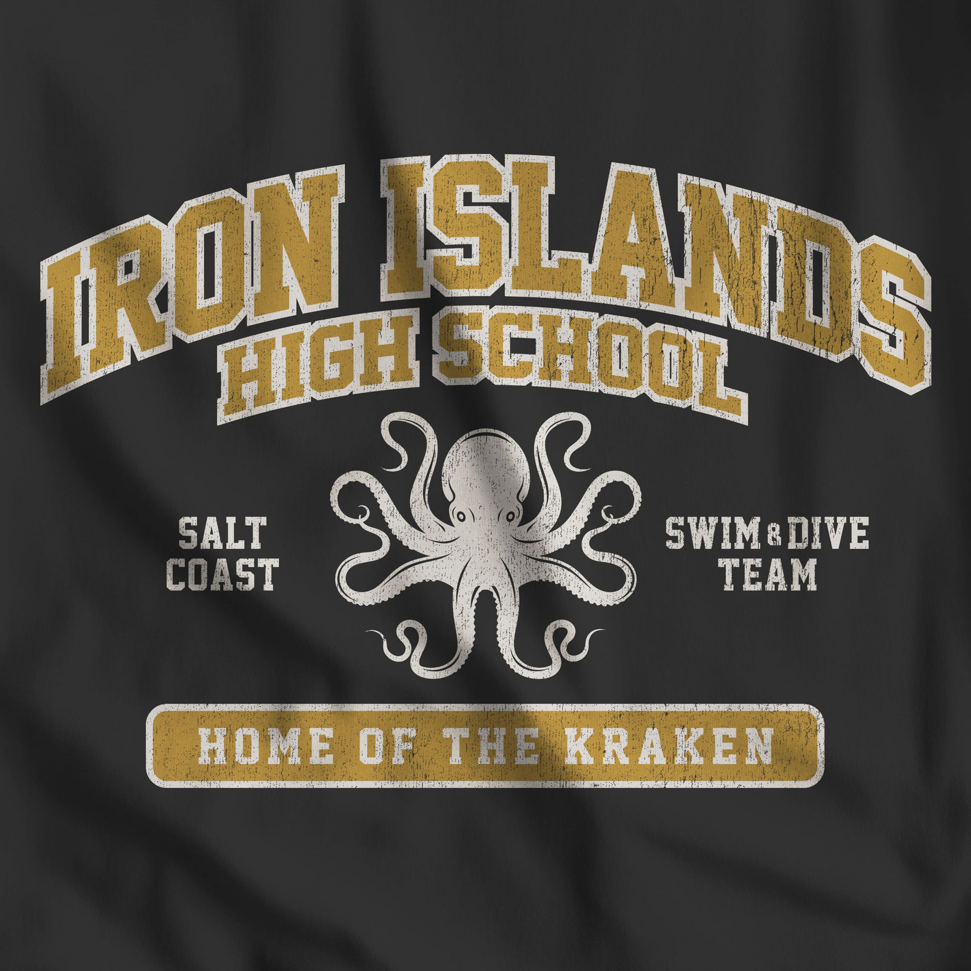 Closeup of Black and Gold Iron Islands High School t-shirt with vintage lion graphic inspired by Game of Thrones