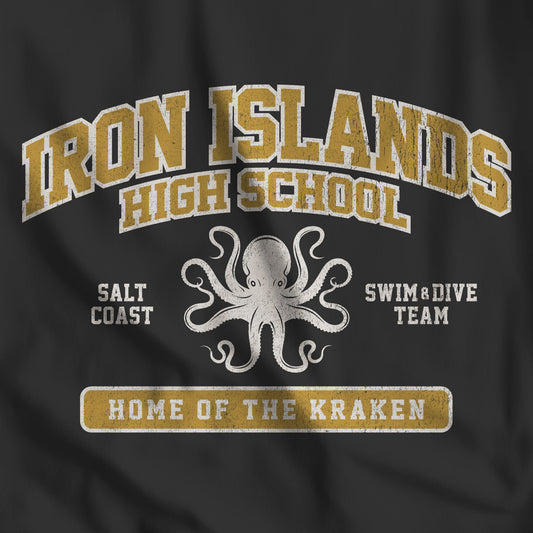 Closeup of Black and Gold Iron Islands High School t-shirt with vintage lion graphic inspired by Game of Thrones