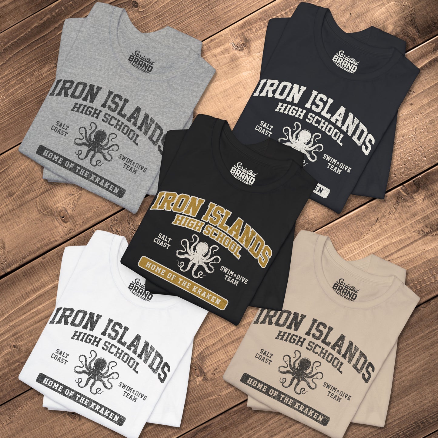 Five folded Iron Islands High School t-shirts with vintage lion graphic inspired by Game of Thrones.