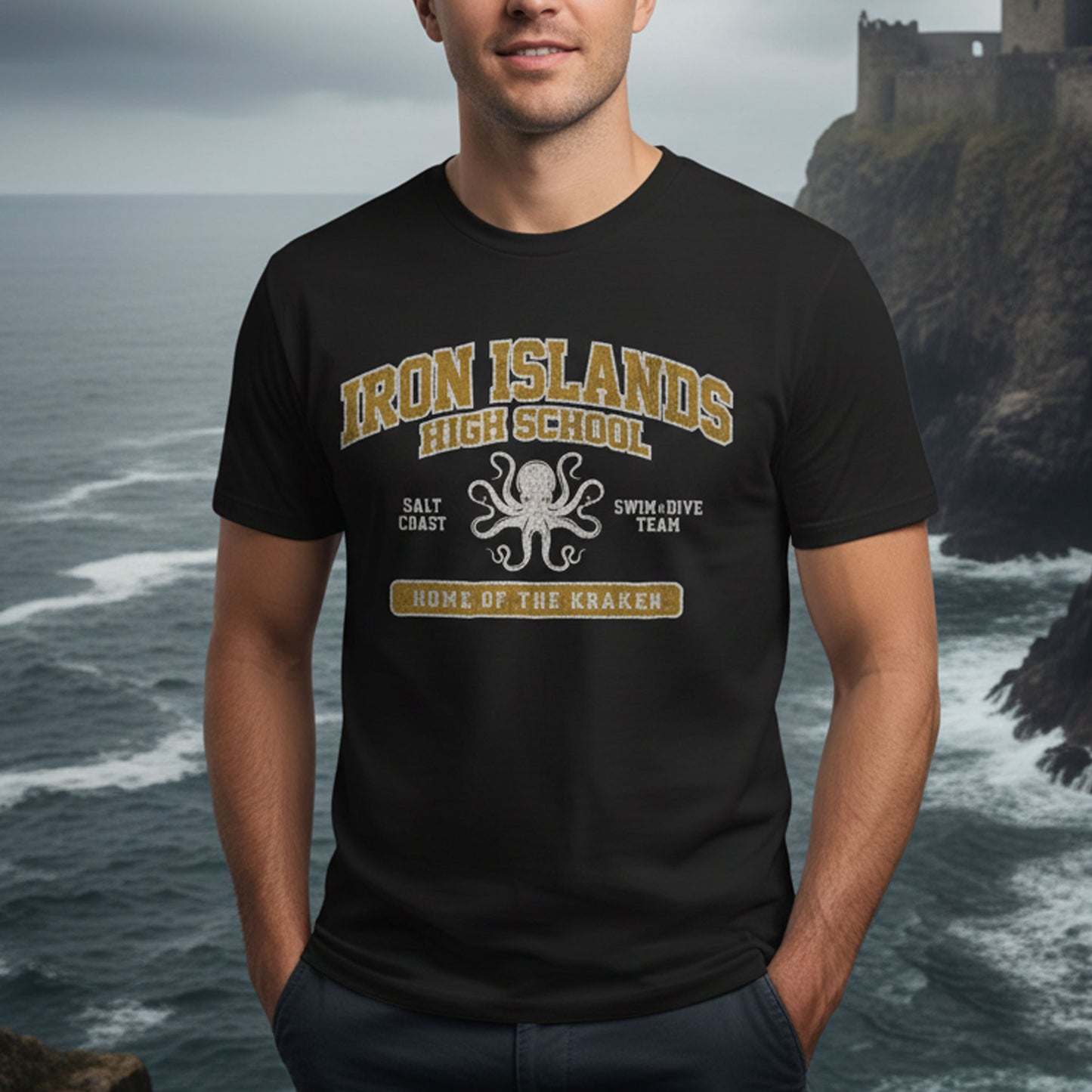 Person wearing black Iron Islands High School t-shirt with vintage lion graphic inspired by Game of Thrones.