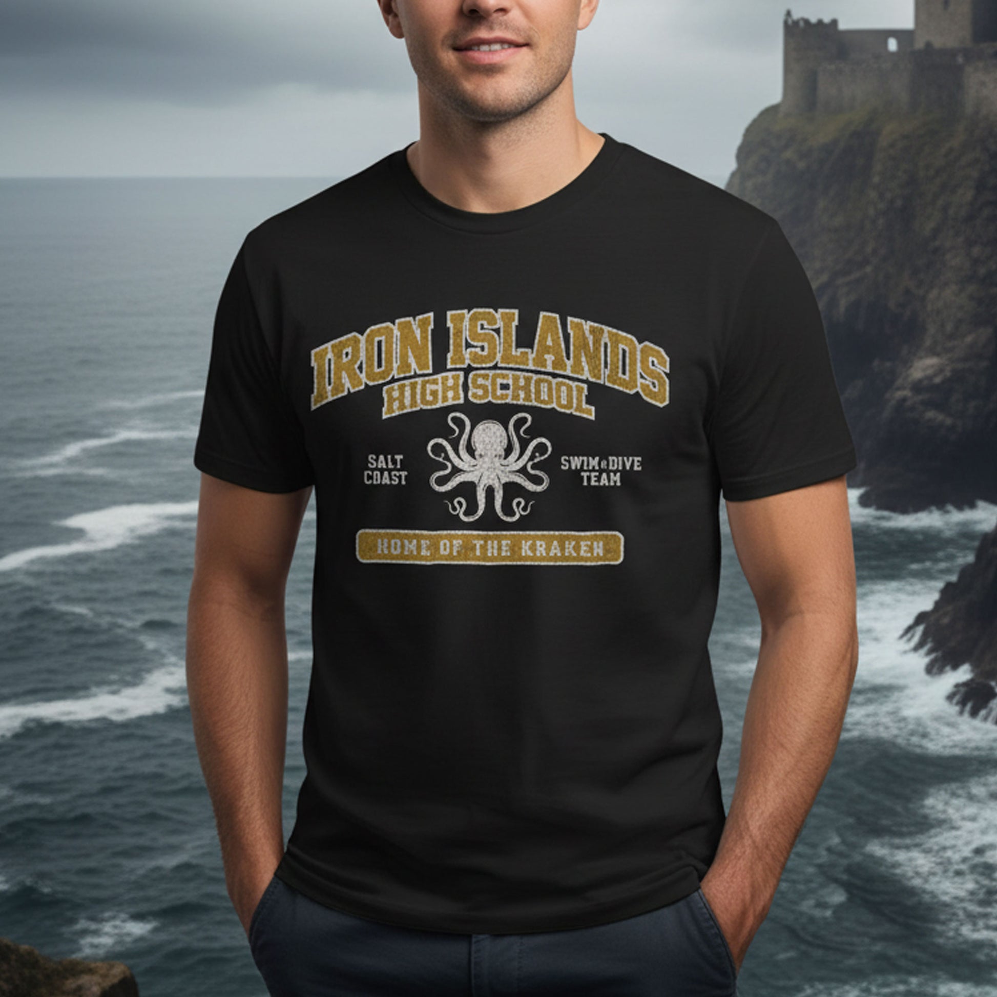 Person wearing black Iron Islands High School t-shirt with vintage lion graphic inspired by Game of Thrones.