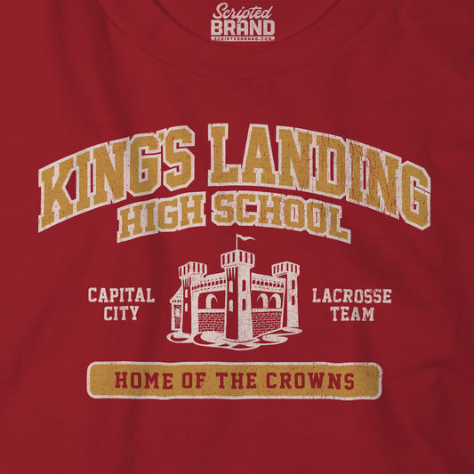 Closeup view of Red and Gold King's Landing High School t-shirt with vintage castle graphic inspired by Game of Thrones.