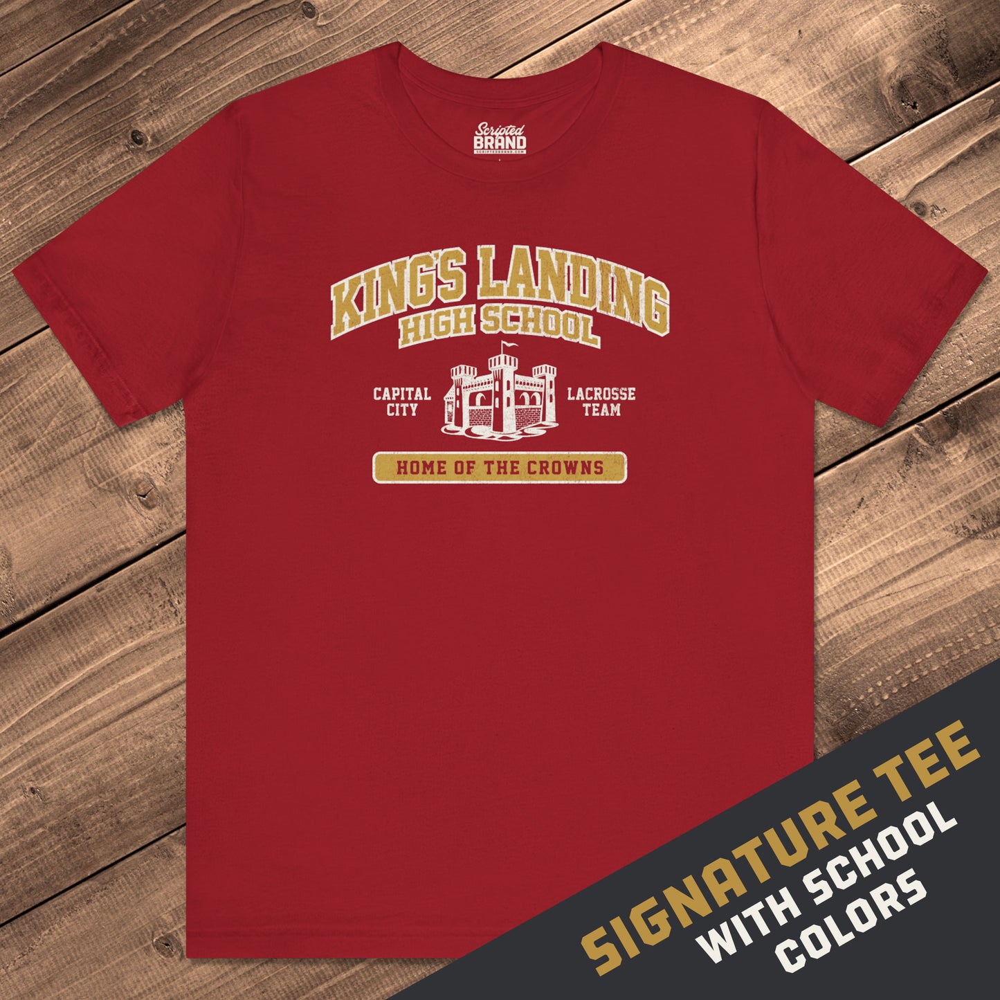 Front view of Red and Gold King's Landing High School t-shirt with vintage castle graphic inspired by Game of Thrones.