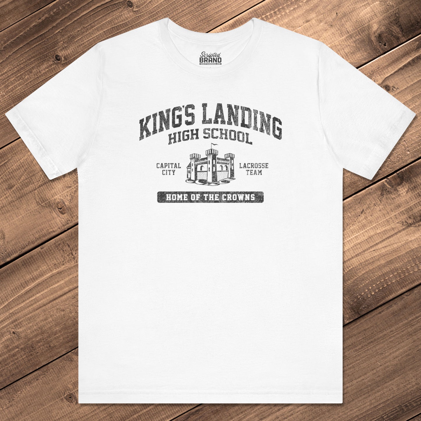 Front view of white King's Landing High School t-shirt with vintage castle graphic inspired by Game of Thrones.