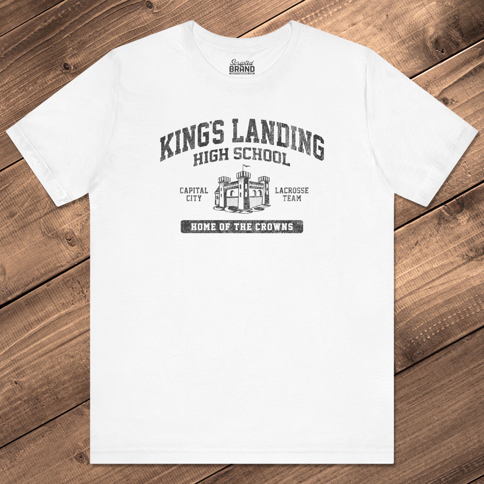 Front view of white King's Landing High School t-shirt with vintage castle graphic inspired by Game of Thrones.