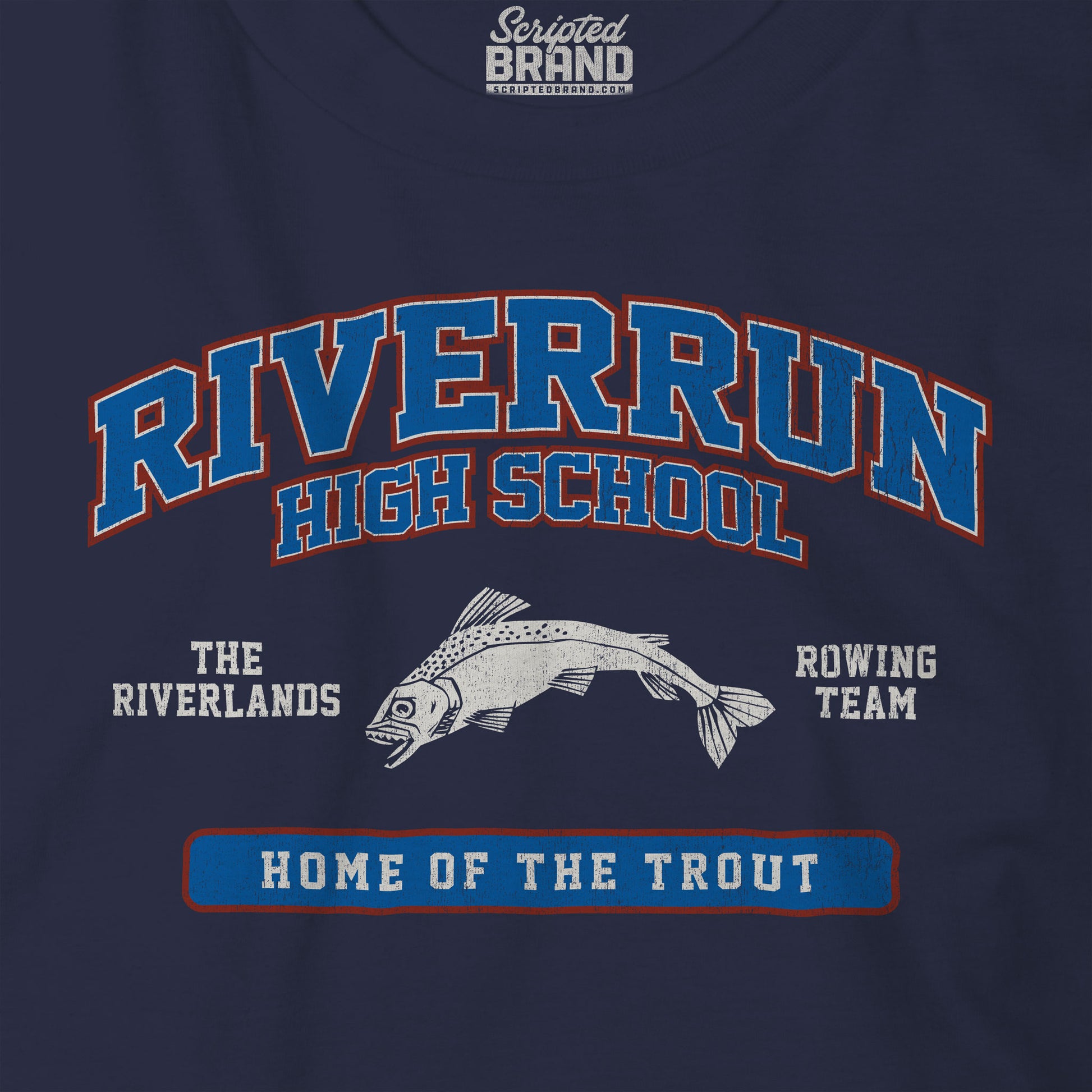 Closeup view of Navy blue Riverrun High School t-shirt with vintage fish graphic inspired by Game of Thrones and House Tully.