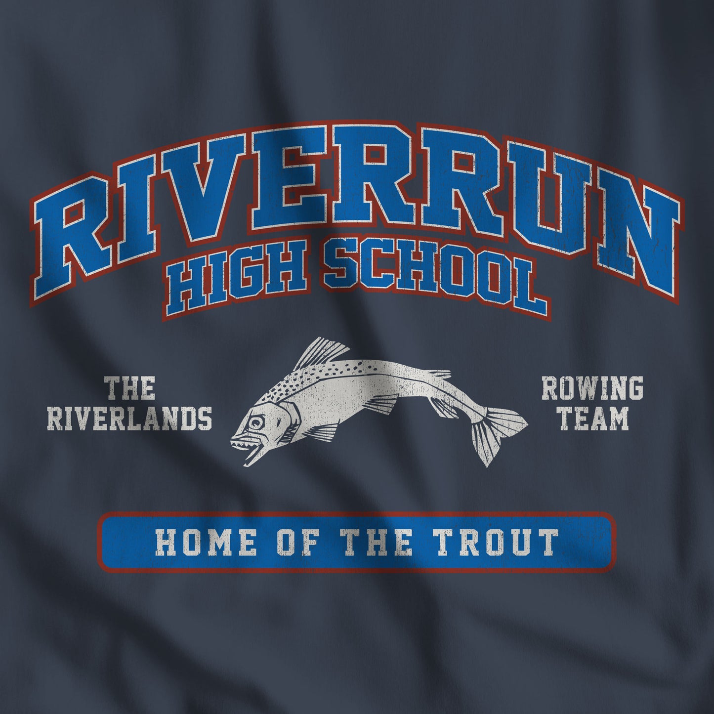 Closeup view of Navy blue Riverrun High School t-shirt with vintage fish graphic inspired by Game of Thrones and House Tully.