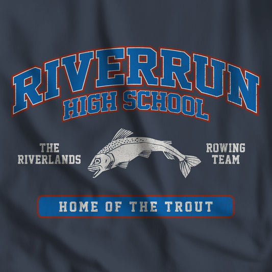 Closeup view of Navy blue Riverrun High School t-shirt with vintage fish graphic inspired by Game of Thrones and House Tully.