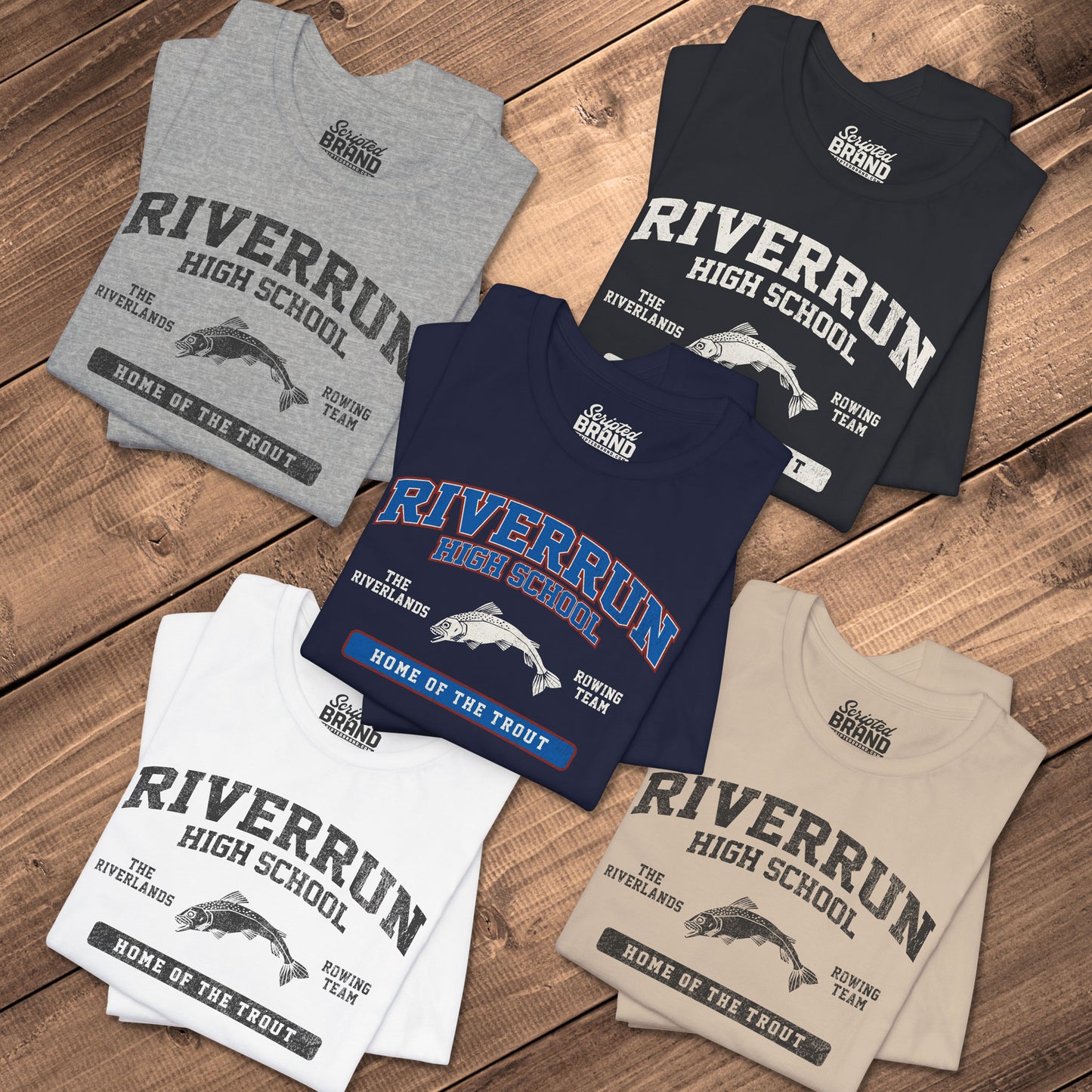 Five folded Riverrun High School t-shirt with vintage fish graphic inspired by Game of Thrones and House Tully.