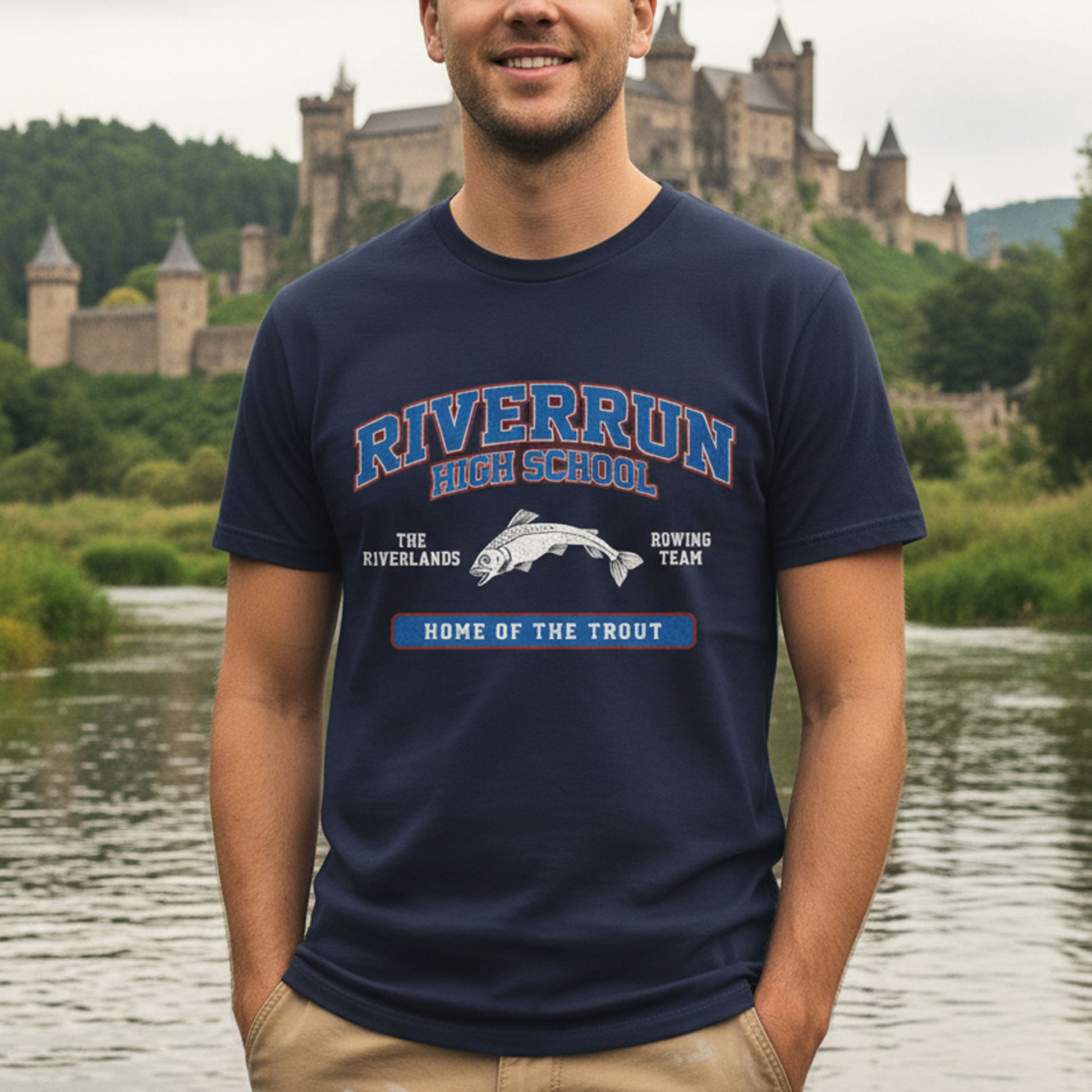 Person wearing Navy blue Riverrun High School t-shirt with vintage fish graphic inspired by Game of Thrones and House Tully.