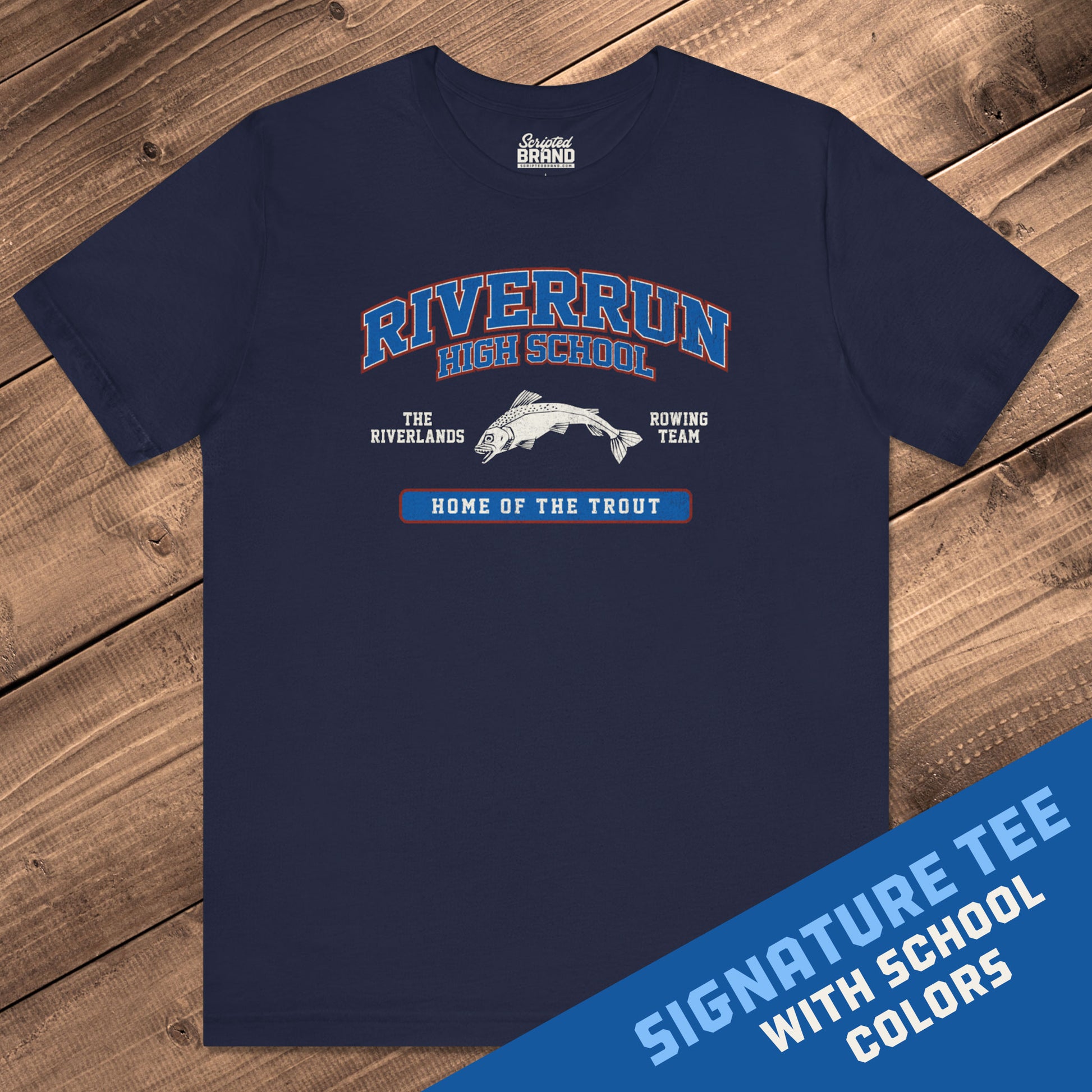 Front view of Navy blue Riverrun High School t-shirt with vintage fish graphic inspired by Game of Thrones and House Tully.