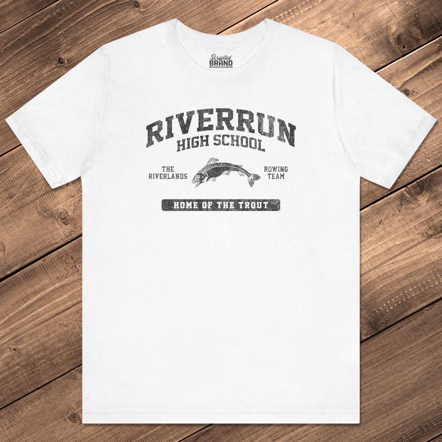 Front view of white Riverrun High School t-shirt with vintage fish graphic inspired by Game of Thrones and House Tully.