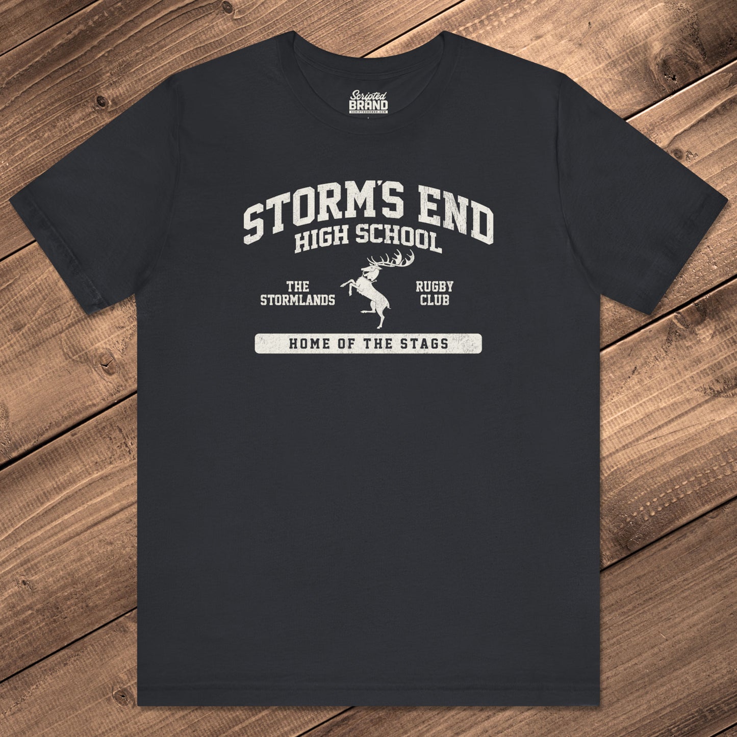 Front view of black Storm's End High School t-shirt with vintage deer graphic inspired by Game of Thrones and House Baratheon.