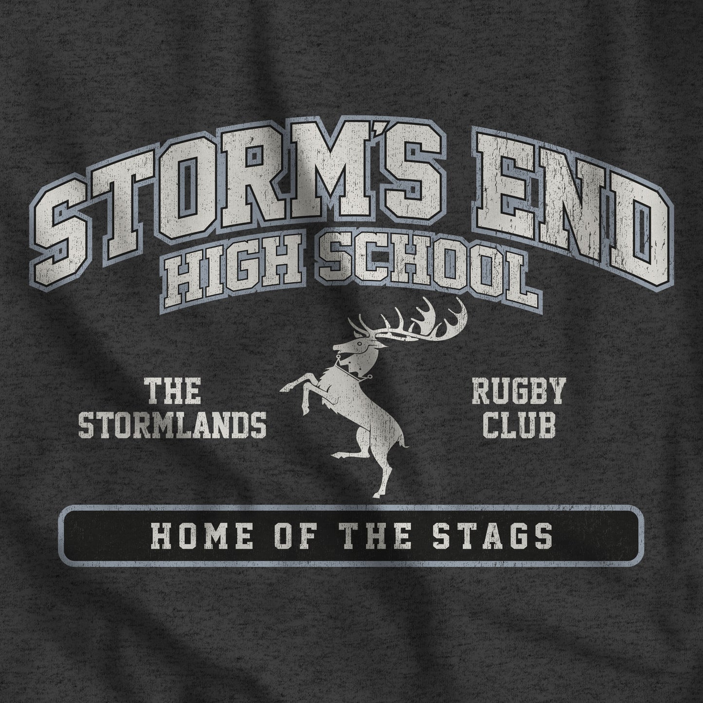 Closeup of Dark grey heather 'Storm's End High School' t-shirt with vintage deer graphic inspired by Game of Thrones and House Baratheon