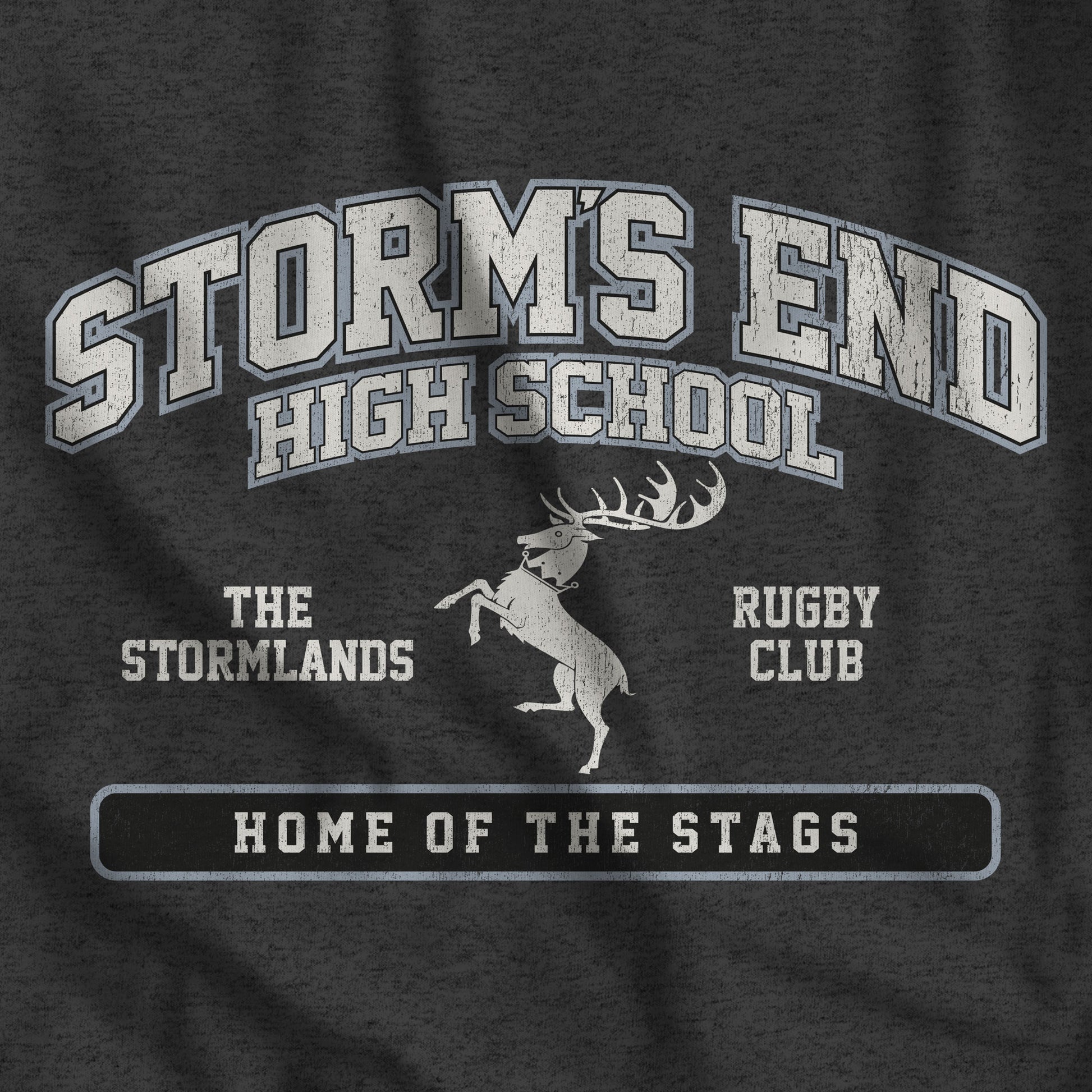 Closeup of Dark grey heather 'Storm's End High School' t-shirt with vintage deer graphic inspired by Game of Thrones and House Baratheon