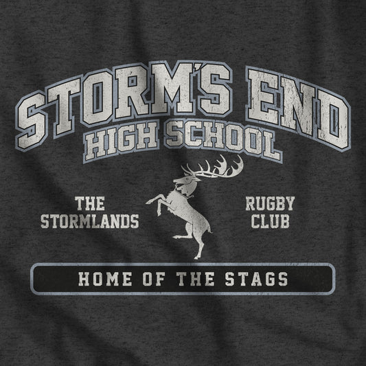 Closeup of Dark grey heather 'Storm's End High School' t-shirt with vintage deer graphic inspired by Game of Thrones and House Baratheon