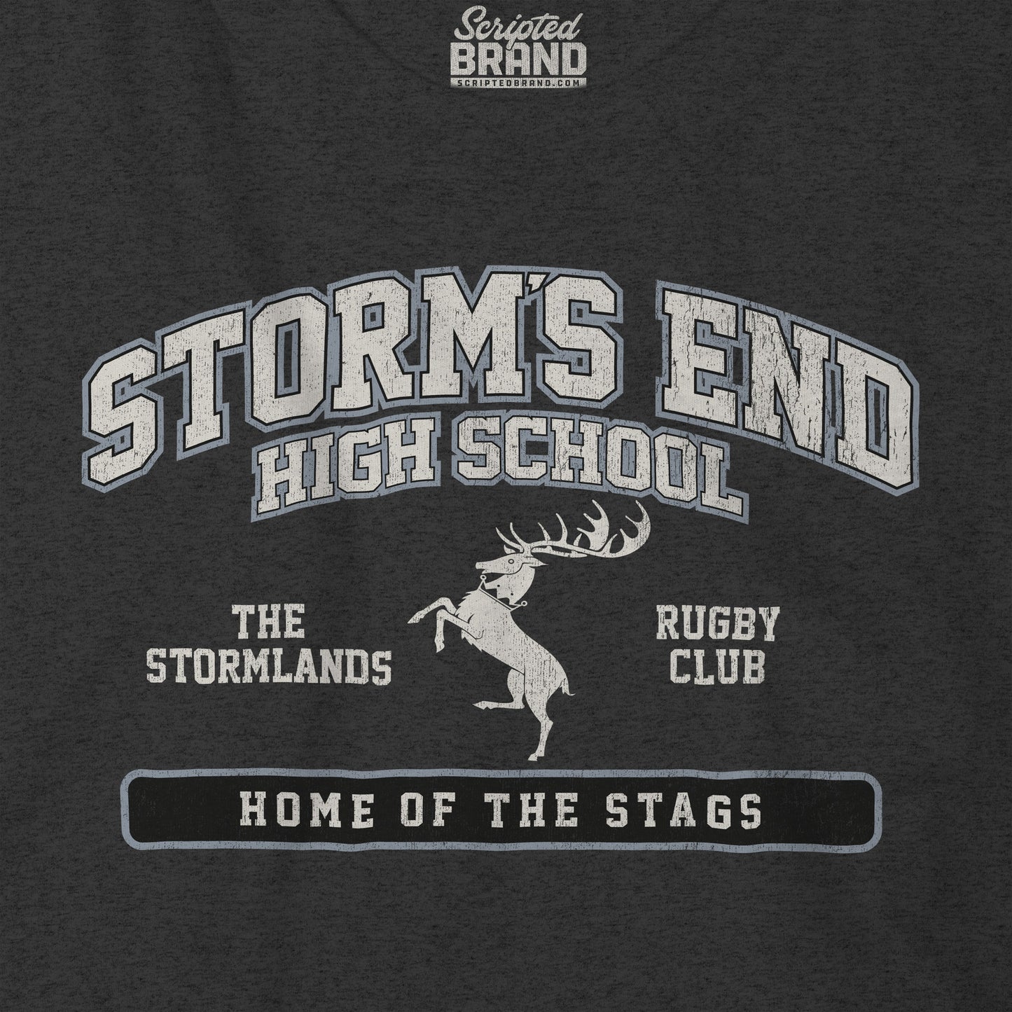 Closeup view of Dark grey heather Storm's End High School t-shirt with vintage deer graphic inspired by Game of Thrones and House Baratheon.