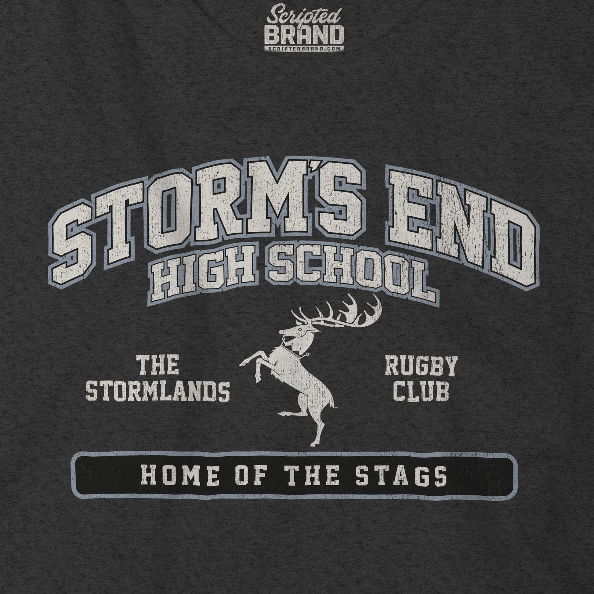 Closeup view of Dark grey heather Storm's End High School t-shirt with vintage deer graphic inspired by Game of Thrones and House Baratheon.