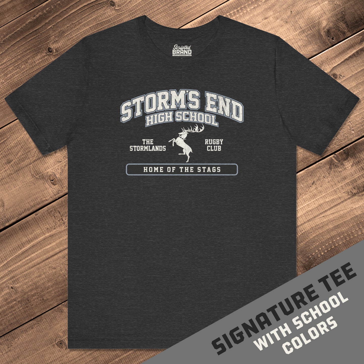 Front view of Dark grey heather Storm's End High School t-shirt with vintage deer graphic inspired by Game of Thrones and House Baratheon.