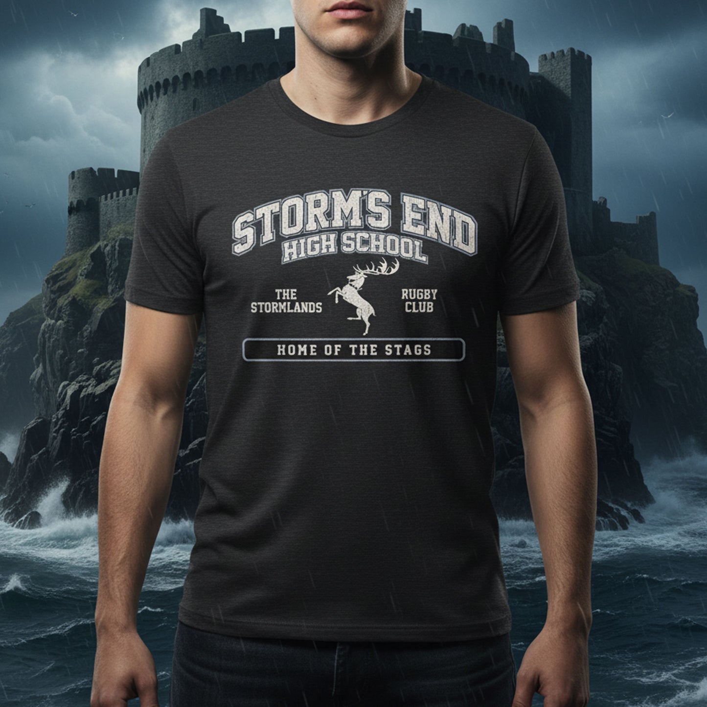 Person wearing Dark grey heather Storm's End High School t-shirt with vintage deer graphic inspired by Game of Thrones and House Baratheon.
